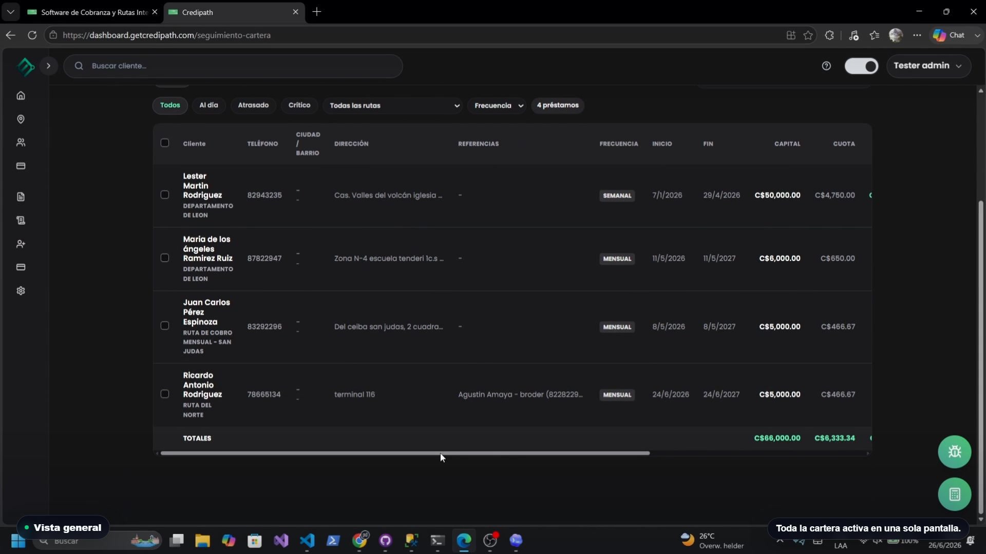 Pantalla de seguimiento de cartera de Credipath
